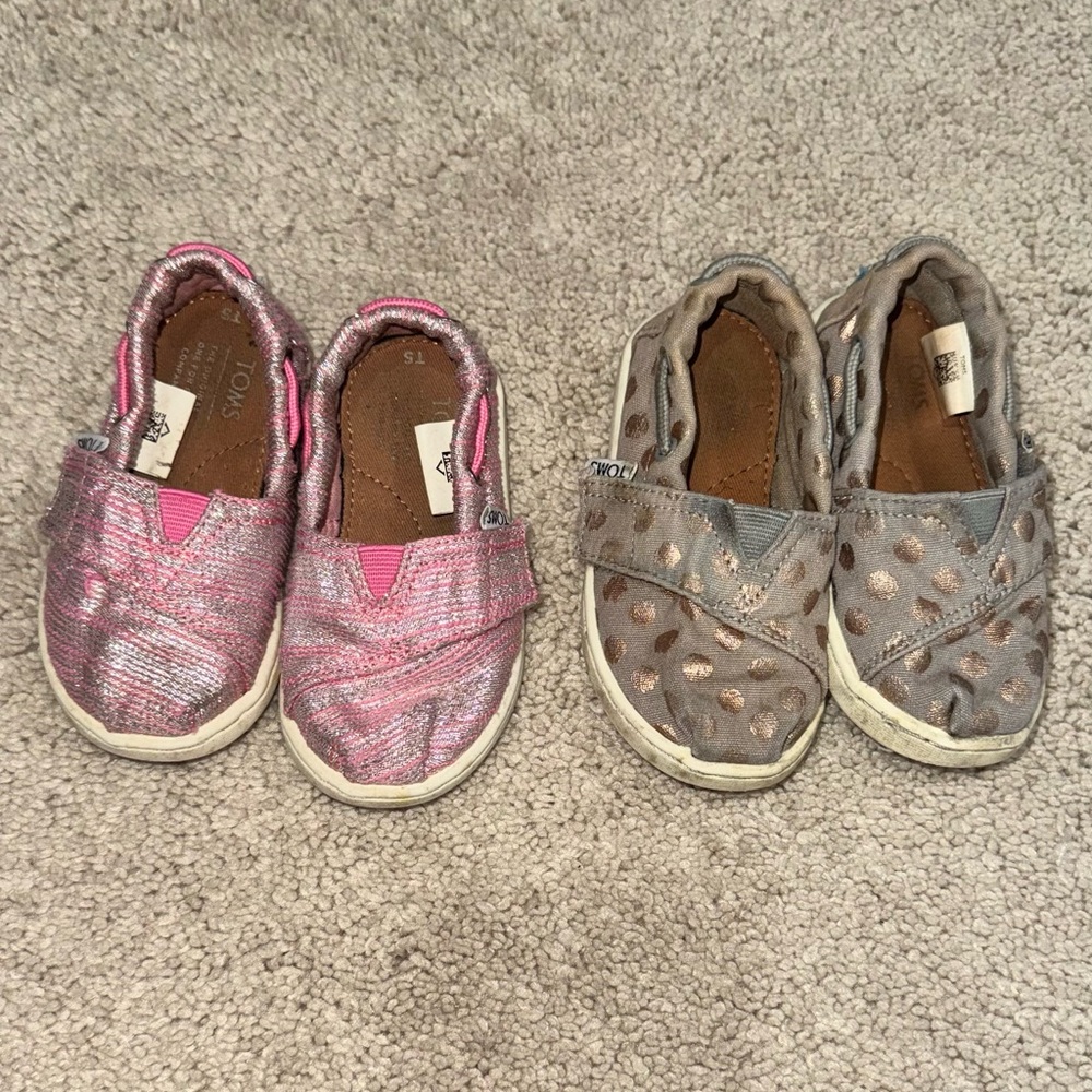 TOMS Kids Sparkly Pink and Polka Dot Gray Moccasins